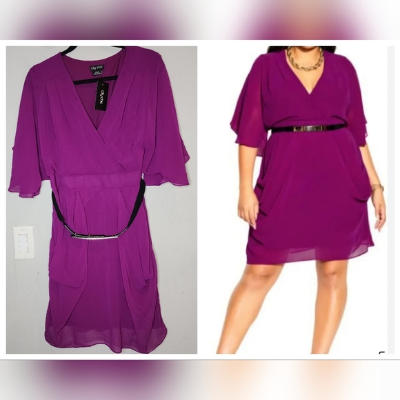 NWT City Chic Magenta Belted Faux Wrap Drape Belted Flutter Sleeve Dress 12 - Picture 1 of 15